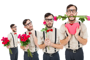 Multiple image of handsome man with roses and heart