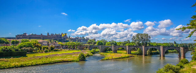 Medieval castle town of Carcassone, France and the stone bridge