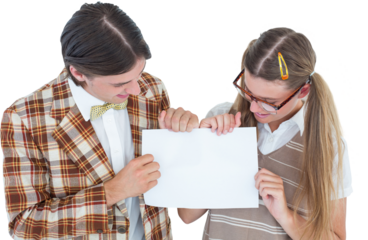 Geeky hipsters holding a poster 