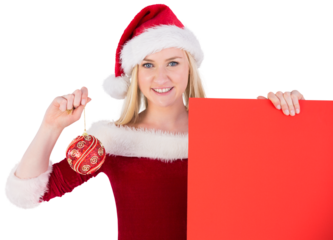 Festive cute blonde holding poster and bauble