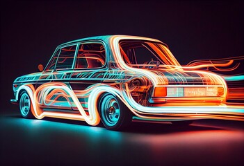 Obraz na płótnie Canvas Sparky retro car of the 90s in motion, neon light, Polaroid effect, generative ai