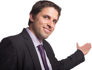 Businessman giving welcome gesture against white background