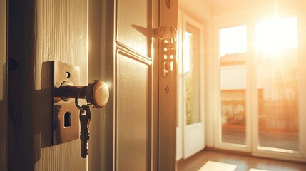Open door with keys in front of sunny apartment. Generative AI