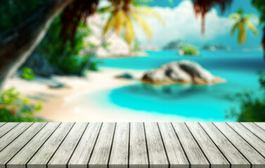 Top of wood table with blurred sea and coconut tree background.