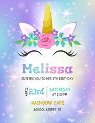Cartoon pony theme birthday invitation card template with magical shine stars background. Unicorn horn with flowers illustration © Katerina