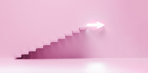 Ascending stairs of rising staircase to arrow. Stairs going upward, business rise, forward achievement businesswoman concept.