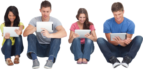 Four friends sitting on the ground all with tablets