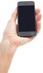 Woman showing black smartphone screen