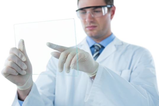 Male doctor holding futuristic glass - Powered by Adobe