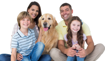 Happy family with golden retriever