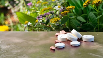 On a table in the garden are natural vitamins / medzin. Homeopathy or globules. Naturopathy.