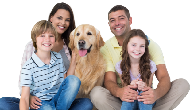 Happy family with golden retriever - Powered by Adobe