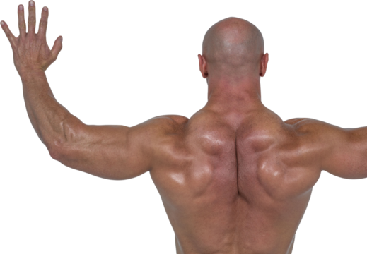 Rear view of bodybuilder with arms raised