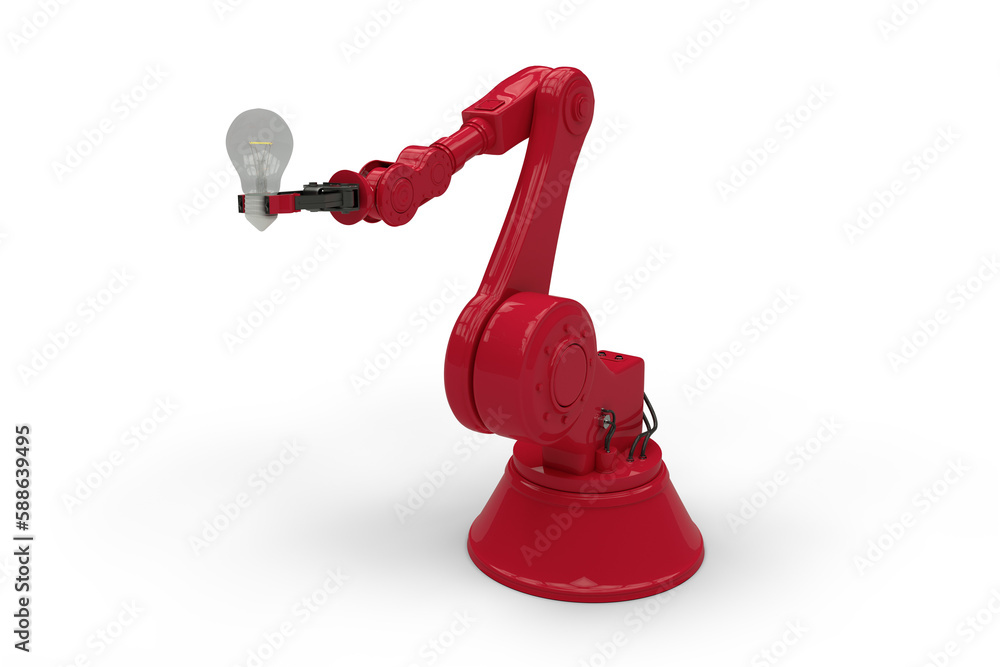 Poster digital composite image of red robotic arm holding light bulb