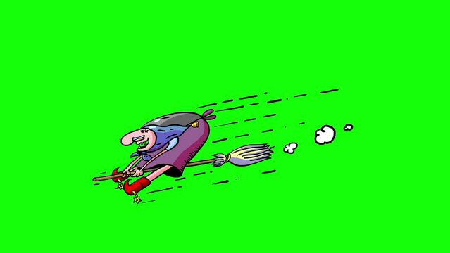 Violet witch on whisk broom flying on green 255 background. Cartoon crazy doodle character. Seamless loop.
