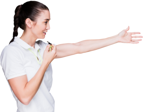 Female athlete blowing a whistle and pointing - Powered by Adobe