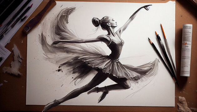 Black and White Abstract Hand Drawing Painting of Ballerina Ballet Dancer in Ballet Gown Generative AI