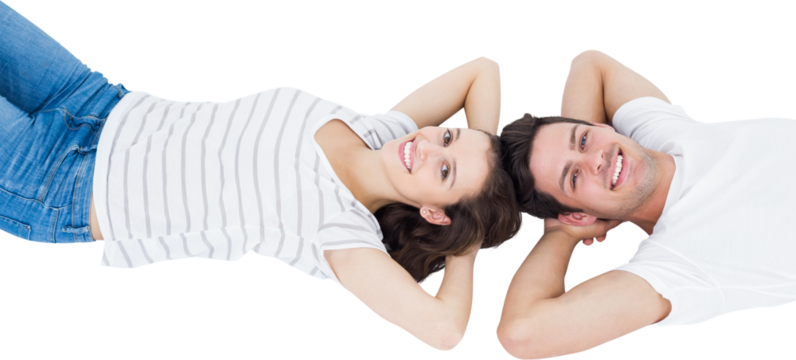 Happy couple lying on floor head to head