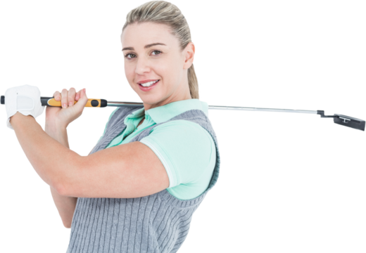 Pretty blonde posing with golf equipment