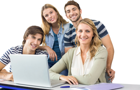 Students using laptop in classroom