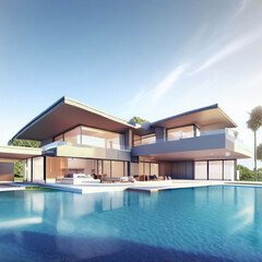 Fototapeta premium Modern villa and a luxurious infinity pool, photorealistic generative AI illustration