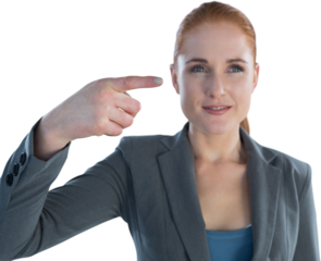 Smiling businesswoman looking away while gesturing