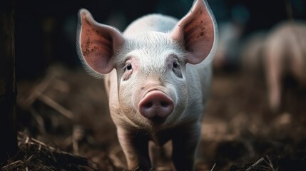 Cute pig portrait on farm background. Generative AI
