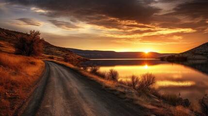 Naklejka na ściany i meble Lake and road at sunset. Generative AI