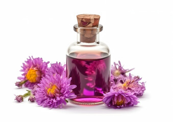 Sophisticated Essential Aster Oil in Glass Bottle with Fresh Aster Flowers isolated on white, Generative AI