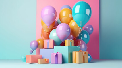 An explosion of colors with balloons, gift boxes, and confetti adorning the background for a joyful birthday celebration. Generative AI - 588641853