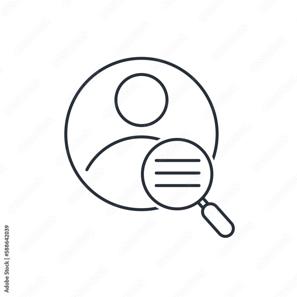 Poster avatar, person profile and magnifying glass with text. analysis of personal data. vector linear icon