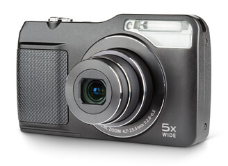 Digital compact camera with open lens isolated on transparent background