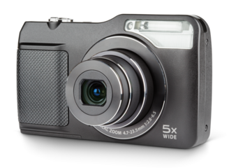 Digital compact camera with open lens isolated on transparent background