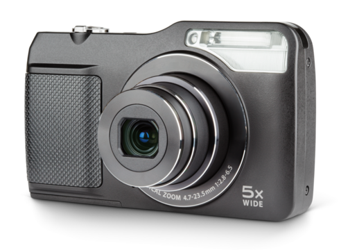 Digital compact camera with open lens isolated on transparent background