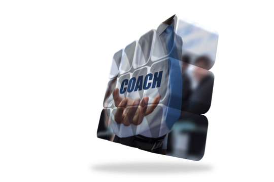 Businessman holding coach text on abstract screen
