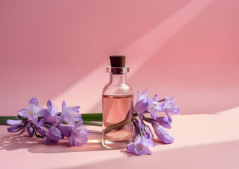 Fototapeta na wymiar Sophisticated Essential Bluebell Oil in Glass Bottle with Fresh Bluebell Flowers isolated on pink background, Generative AI