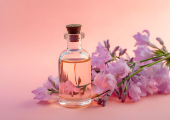 Obraz na płótnie Canvas Sophisticated Essential Bluebell Oil in Glass Bottle with Fresh Bluebell Flowers isolated on pink background, Generative AI