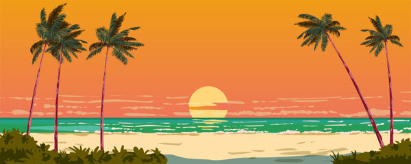 Sunset ocean view on the sand beach, palms, seashore, horizon