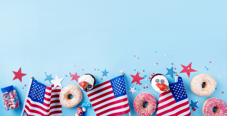 Sweet cupcakes and donuts with usa flag on blue background