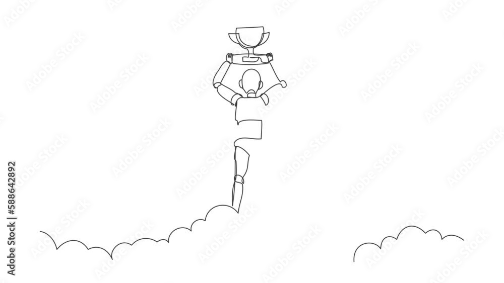 Poster self drawing animation of single line draw robot holding trophy in cloud. celebrates victory in sky.