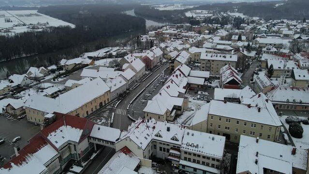 Aerial 4K drone footage of the city Ormož in the winter. It's part of the traditional region of Prlekija, part of Styria, in northeastern Slovenia.