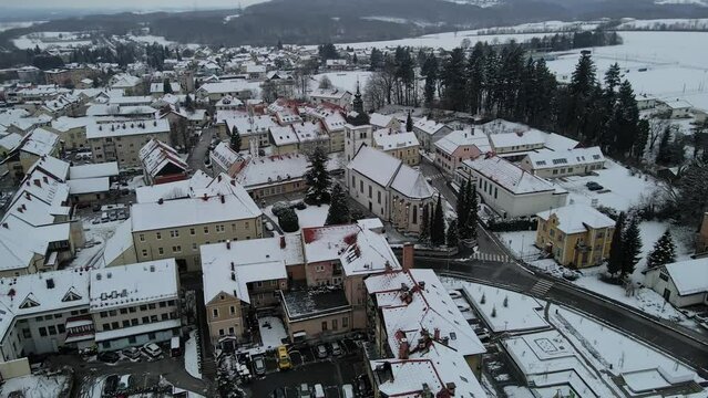 Aerial 4K drone footage of the city Ormož in the winter time. It's part of the traditional region of Prlekija, part of Styria, in northeastern Slovenia.