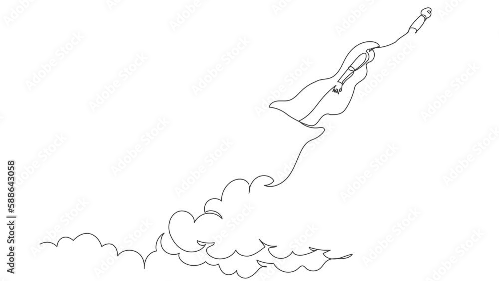 Poster animated self drawing of continuous line draw super robot in cloak flying up to cloud sky. startup b