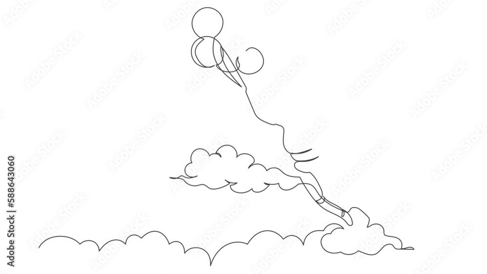 Poster self drawing animation of single one line draw robot flying with balloon air. achieve financial inde