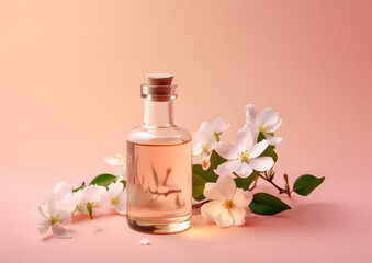 Fototapeta na wymiar Essential Jasmine Oil in Glass Bottle with Fresh Bluebell Flowers isolated on pink, Generative AI