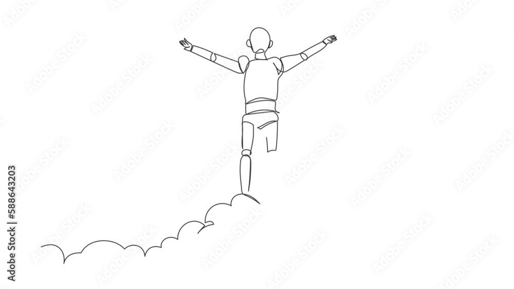 Poster self drawing animation of single line draw robot on top of cloud with raised hand. future technology