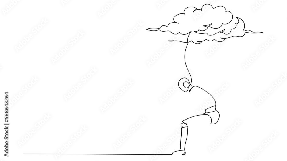 Poster animated self drawing of continuous one line draw robot sitting on chair under rain cloud. worried a