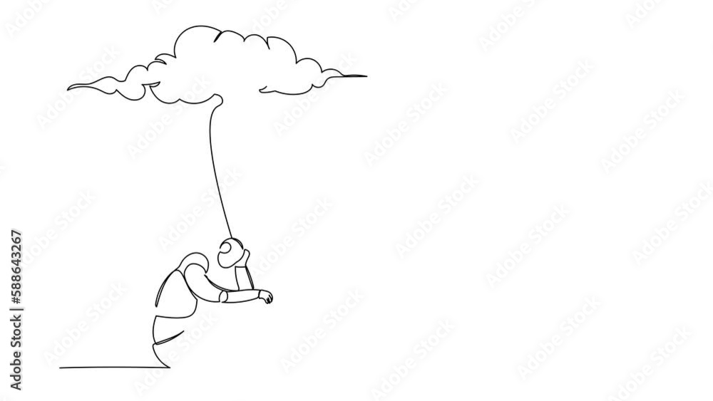 Poster animated self drawing of continuous line draw robot feeling stress and sad. sitting under rain cloud