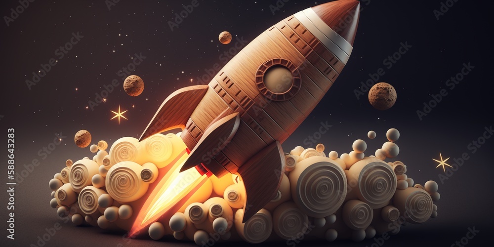 Poster a space rocket made of wood blasting out into the night sky. teaching and the public's understanding