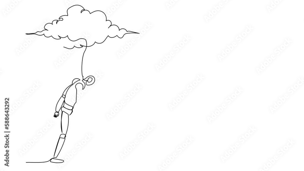Poster self drawing animation of single line draw robot walking under rain cloud. loneliness in overcast we